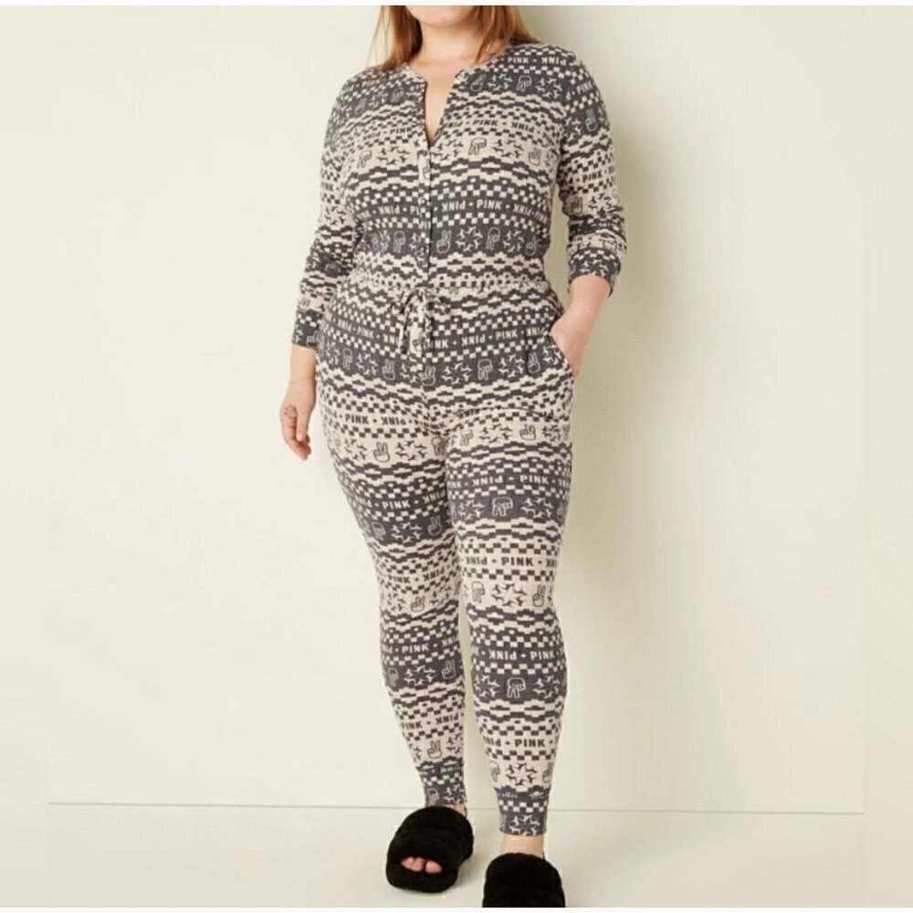 NWT Victoria's Secret‎ Peace Sign PINK Thermal Pajama Onesie Grey Cream L